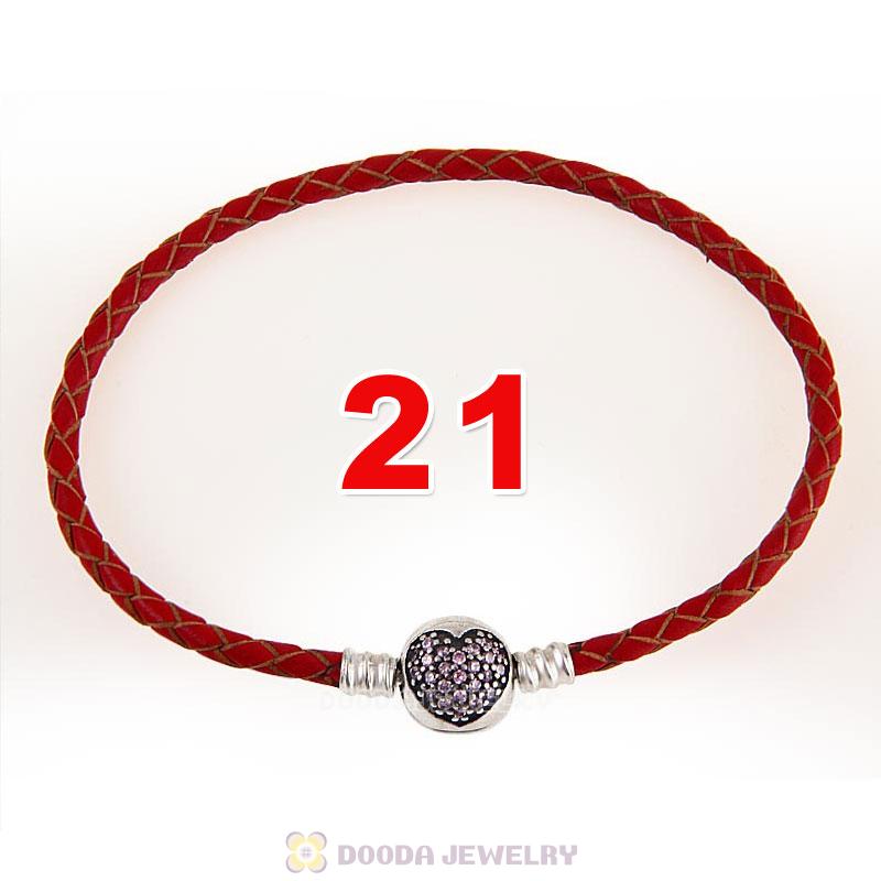 21cm Red Braided Leather Bracelet 925 Silver Love of My Life Round Clip with Heart Pink CZ Stone