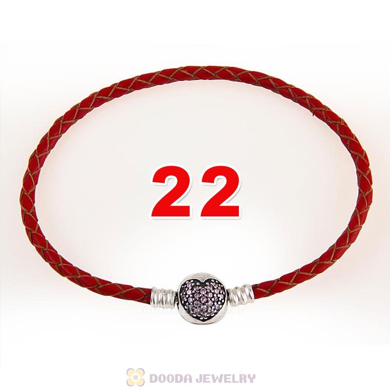 22cm Red Braided Leather Bracelet 925 Silver Love of My Life Round Clip with Heart Pink CZ Stone
