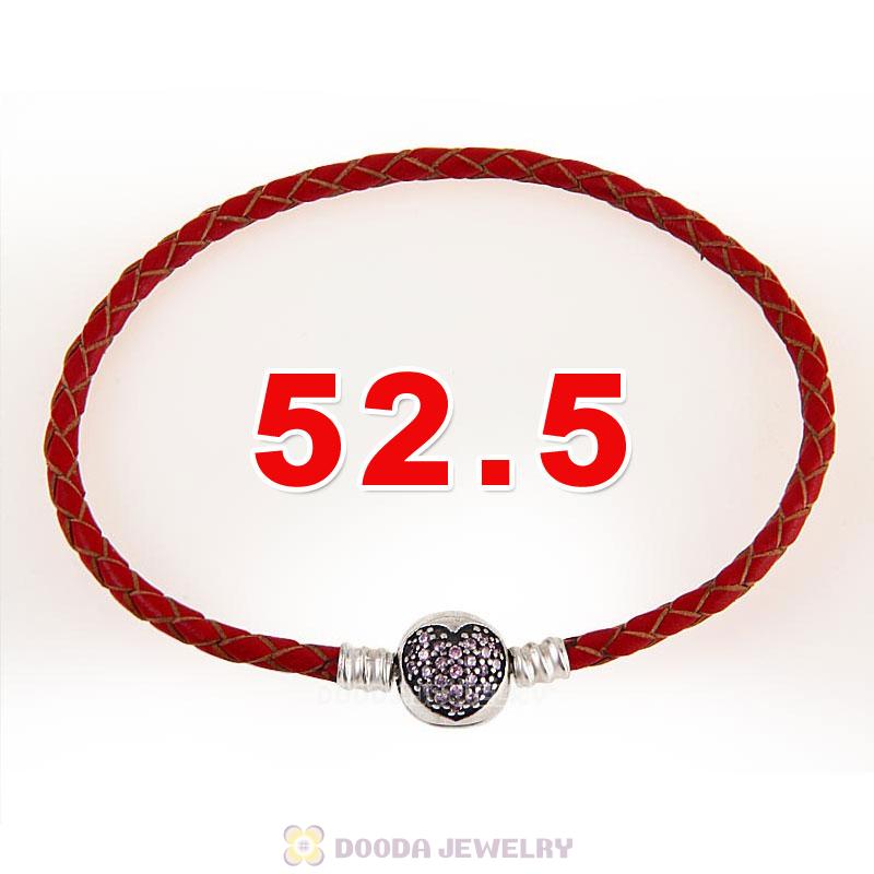 52.5cm Red Braided Leather Triple Bracelet Silver Love of My Life Clip with Heart Pink CZ Stone