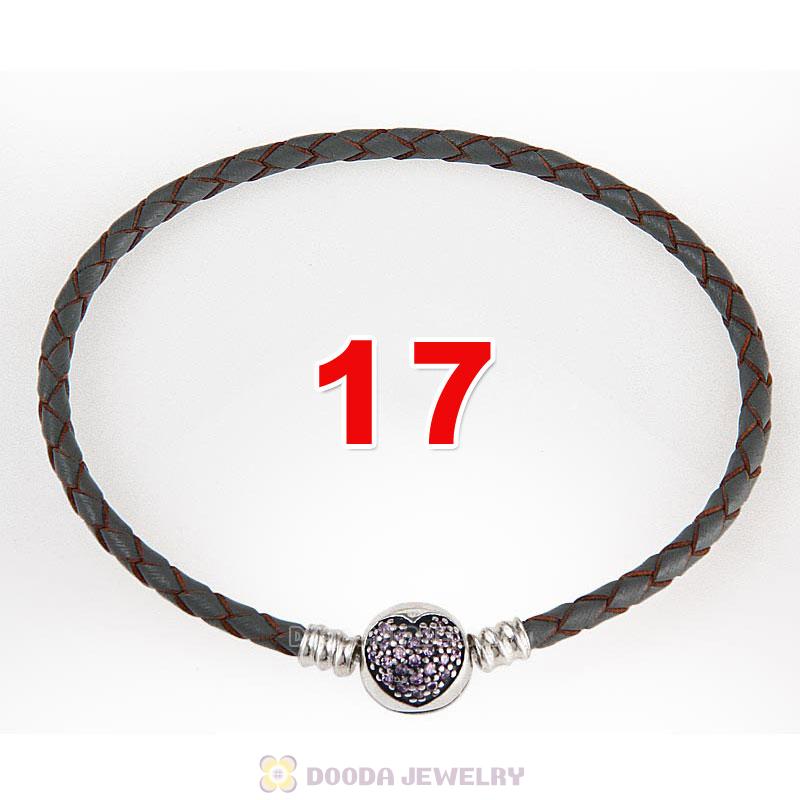 17cm Grey Braided Leather Bracelet 925 Silver Love of My Life Round Clip with Heart Pink CZ Stone