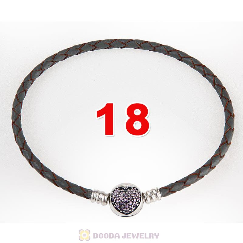 18cm Grey Braided Leather Bracelet 925 Silver Love of My Life Round Clip with Heart Pink CZ Stone