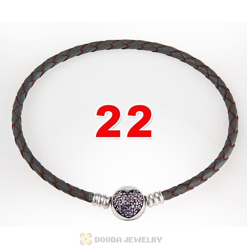 22cm Grey Braided Leather Bracelet 925 Silver Love of My Life Round Clip with Heart Pink CZ Stone