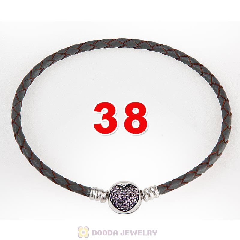 38cm Grey Braided Leather Double Bracelet Silver Love of My Life Clip with Heart Pink CZ Stone
