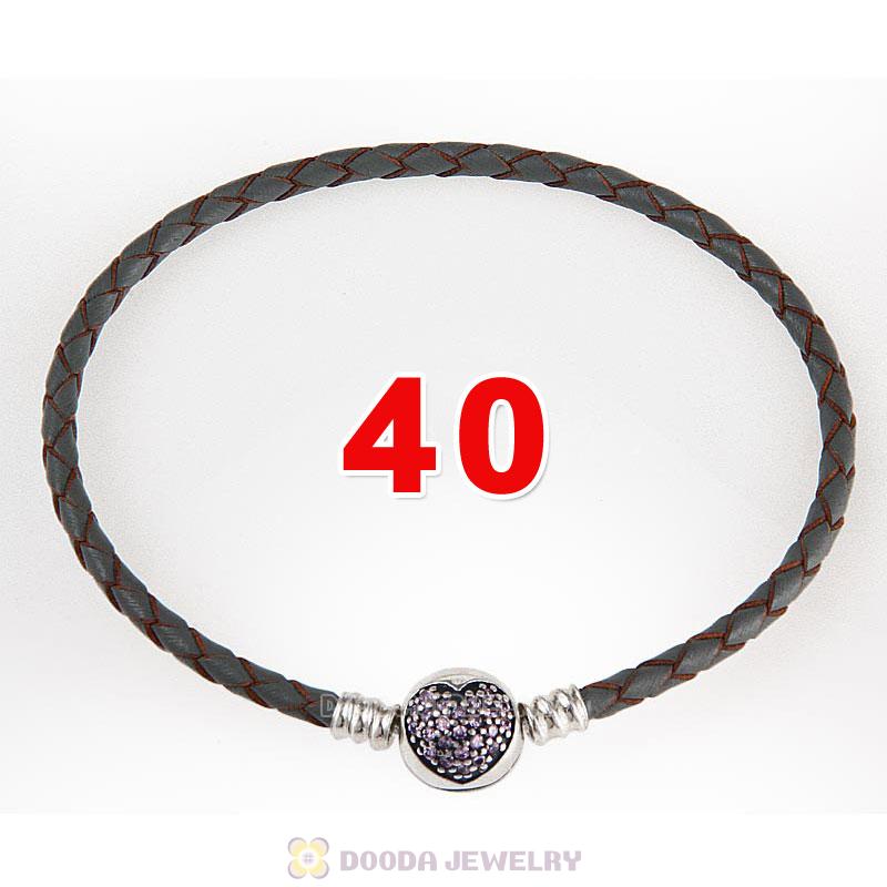 40cm Grey Braided Leather Double Bracelet Silver Love of My Life Clip with Heart Pink CZ Stone