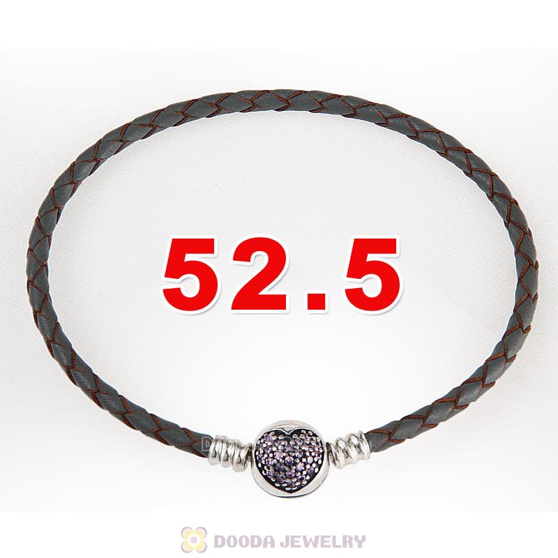 52.5cm Grey Braided Leather Triple Bracelet Silver Love of My Life Clip with Heart Pink CZ Stone