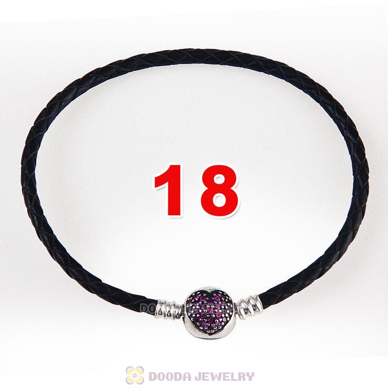 18cm Black Braided Leather Bracelet 925 Silver Love of My Life Round Clip with Heart Red CZ Stone