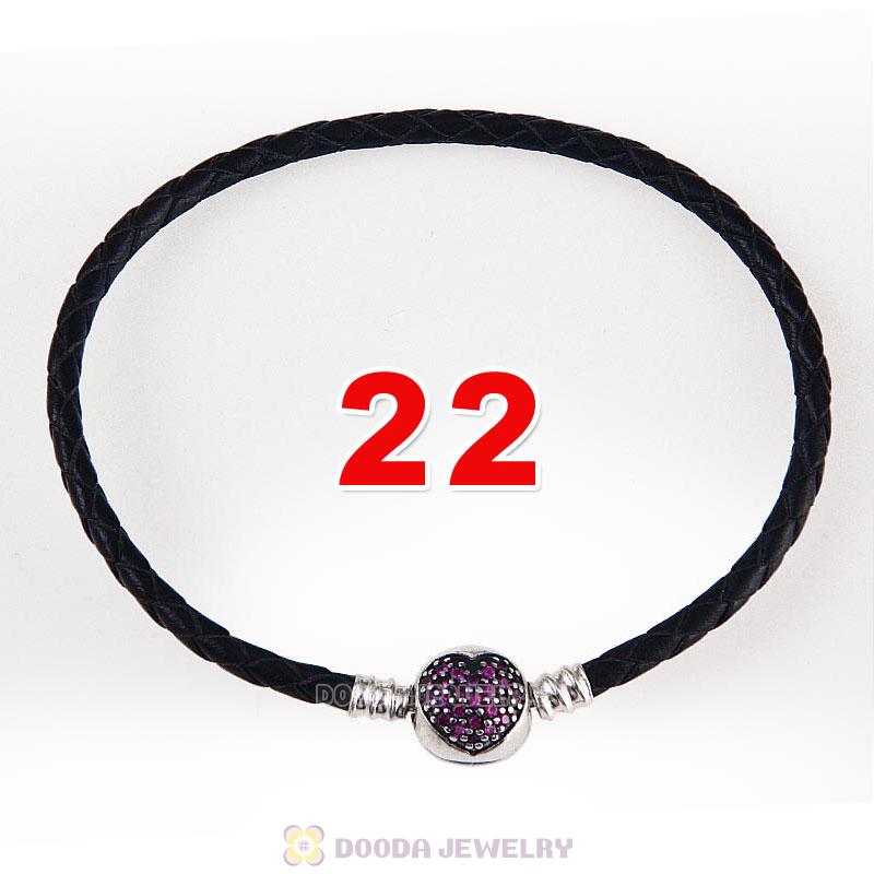 22cm Black Braided Leather Bracelet 925 Silver Love of My Life Round Clip with Heart Red CZ Stone
