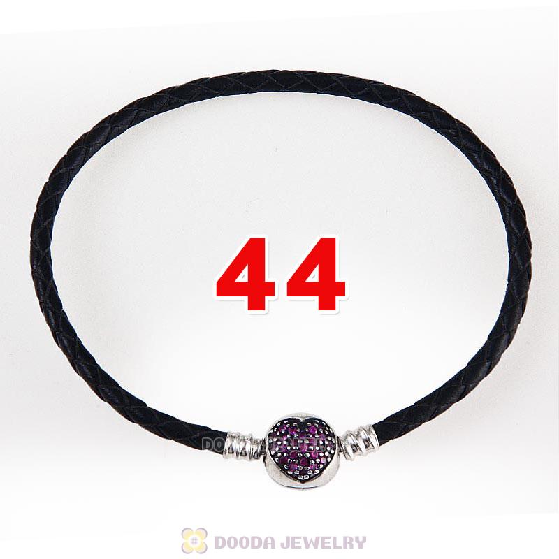44cm Black Braided Leather Double Bracelet Silver Love of My Life Clip with Heart Red CZ Stone