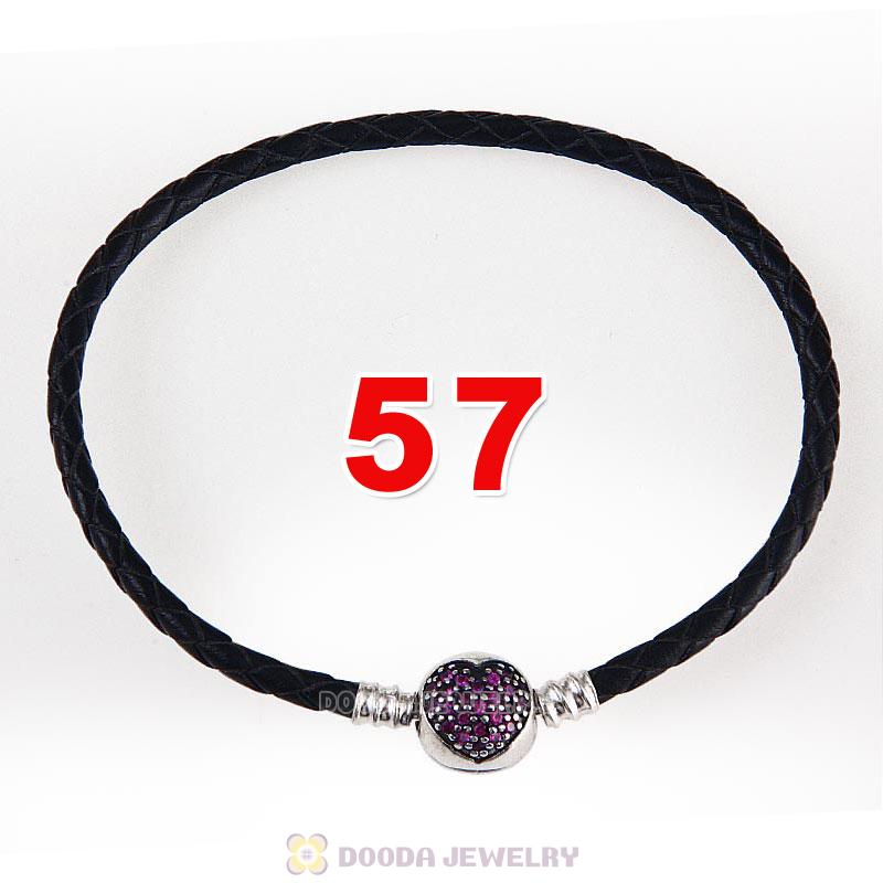 57cm Black Braided Leather Triple Bracelet Silver Love of My Life Clip with Heart Red CZ Stone