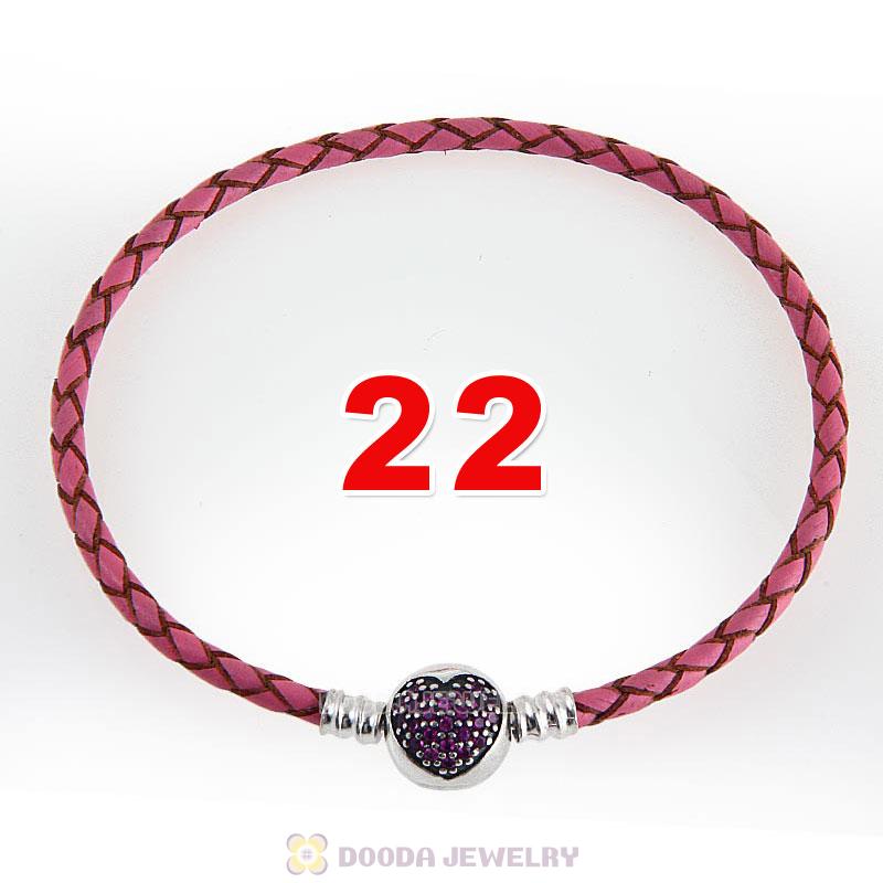 22cm Pink Braided Leather Bracelet 925 Silver Love of My Life Round Clip with Heart Red CZ Stone