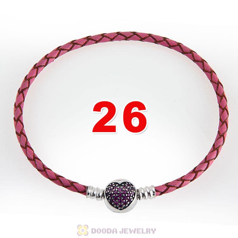 26cm Pink Braided Leather Bracelet 925 Silver Love of My Life Round Clip with Heart Red CZ Stone