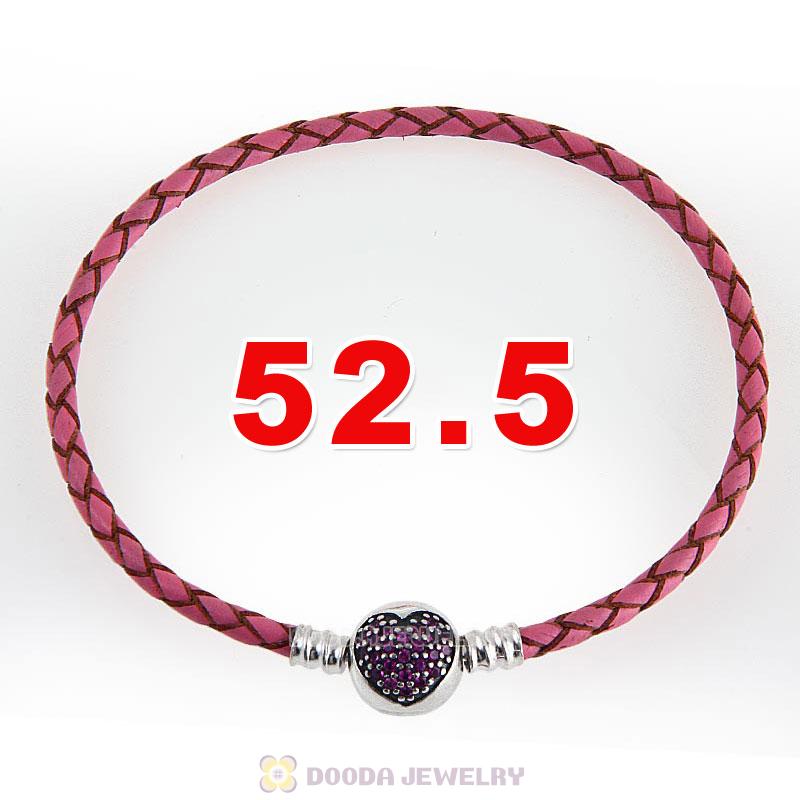 52.5cm Pink Braided Leather Triple Bracelet Silver Love of My Life Clip with Heart Red CZ Stone
