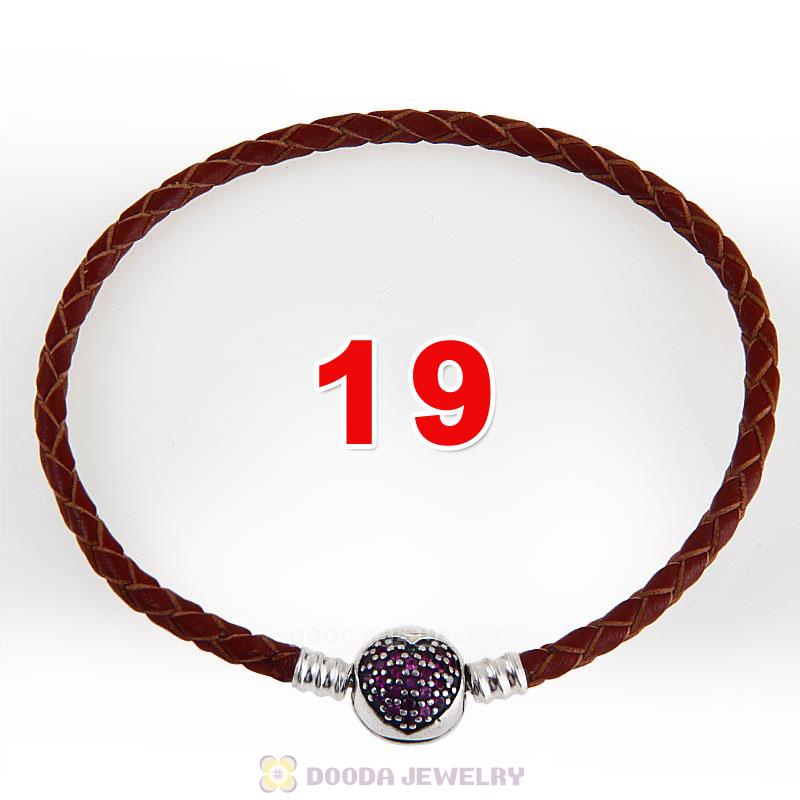 19cm Brown Braided Leather Bracelet 925 Silver Love of My Life Round Clip with Heart Red CZ Stone