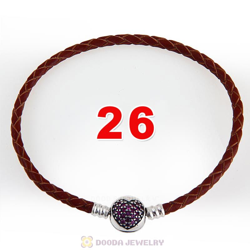 26cm Brown Braided Leather Bracelet 925 Silver Love of My Life Round Clip with Heart Red CZ Stone