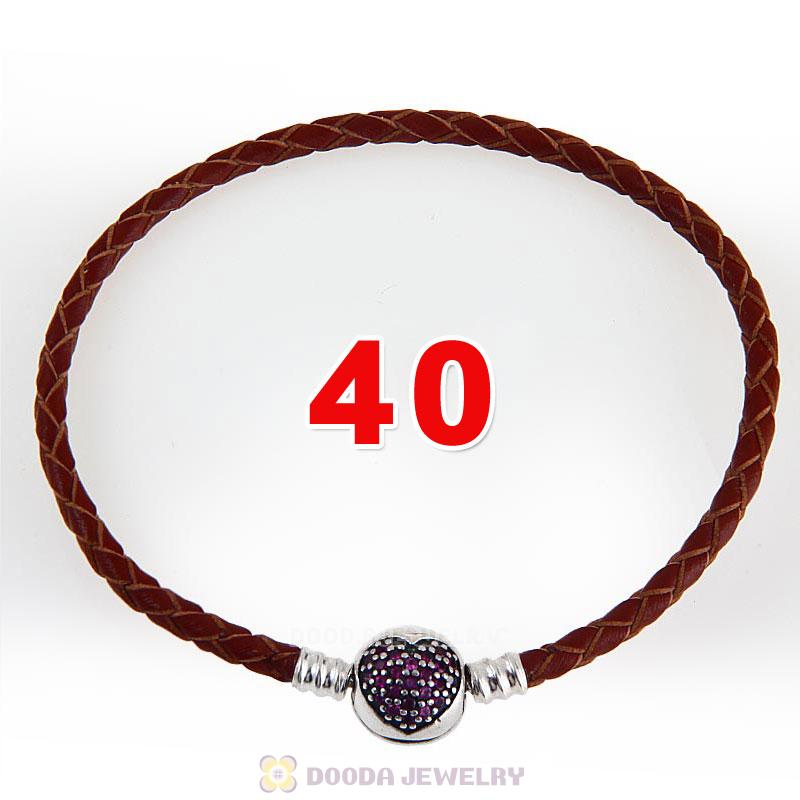 40cm Brpwn Braided Leather Double Bracelet Silver Love of My Life Clip with Heart Red CZ Stone