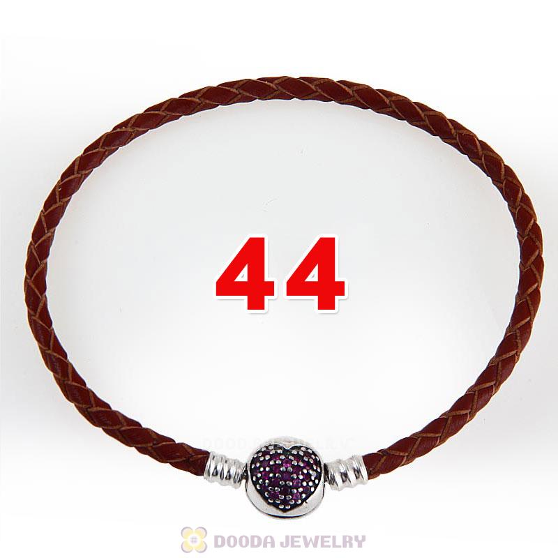 44cm Brown Braided Leather Double Bracelet Silver Love of My Life Clip with Heart Red CZ Stone