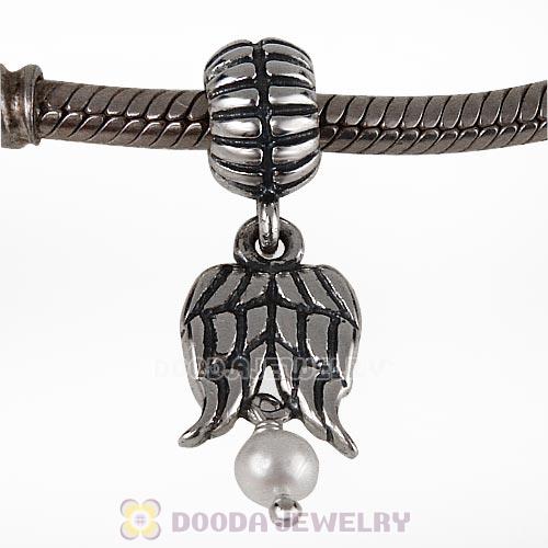 European Sterling Silver Guardian Angel Wings Dangle Charms with White Pearl