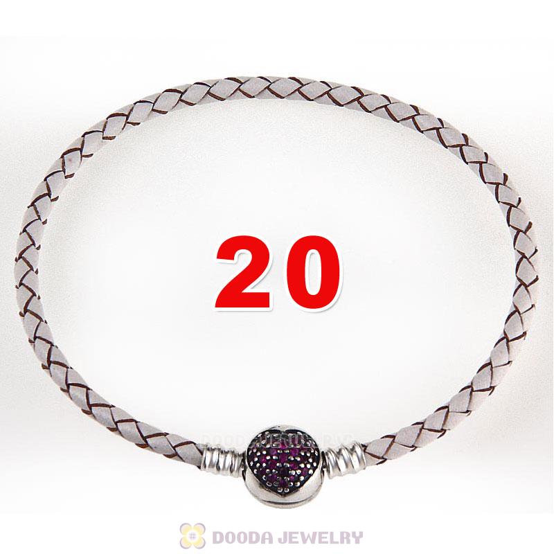 20cm White Braided Leather Bracelet 925 Silver Love of My Life Round Clip with Heart Red CZ Stone