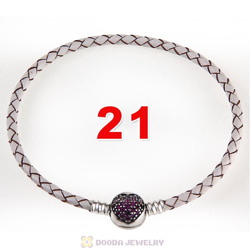 21cm White Braided Leather Bracelet 925 Silver Love of My Life Round Clip with Heart Red CZ Stone