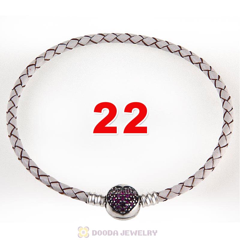 22cm White Braided Leather Bracelet 925 Silver Love of My Life Round Clip with Heart Red CZ Stone