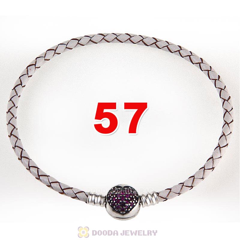57cm White Braided Leather Triple Bracelet Silver Love of My Life Clip with Heart Red CZ Stone