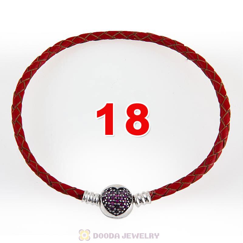 18cm Red Braided Leather Bracelet 925 Silver Love of My Life Round Clip with Heart Red CZ Stone