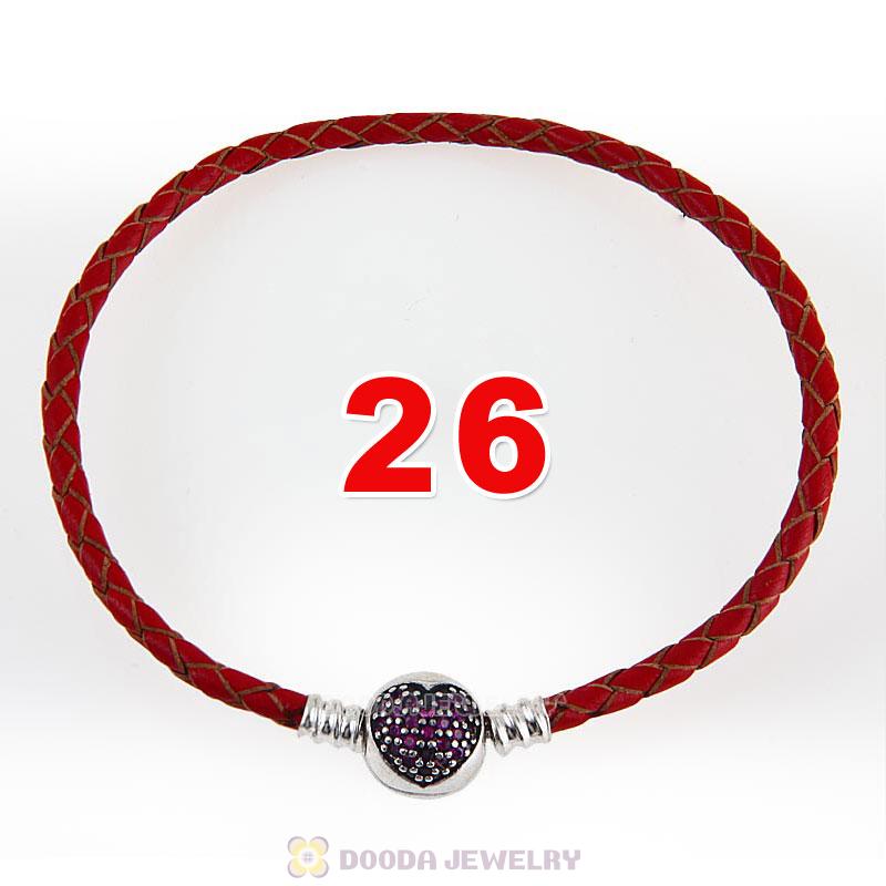 26cm Red Braided Leather Bracelet 925 Silver Love of My Life Round Clip with Heart Red CZ Stone