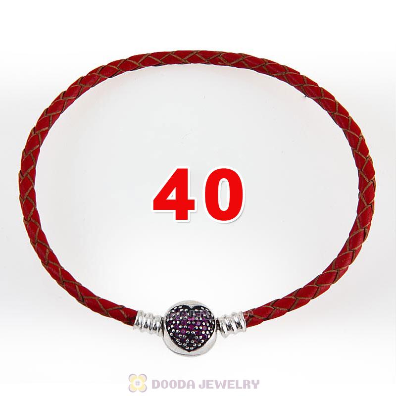 40cm Red Braided Leather Double Bracelet Silver Love of My Life Clip with Heart Red CZ Stone