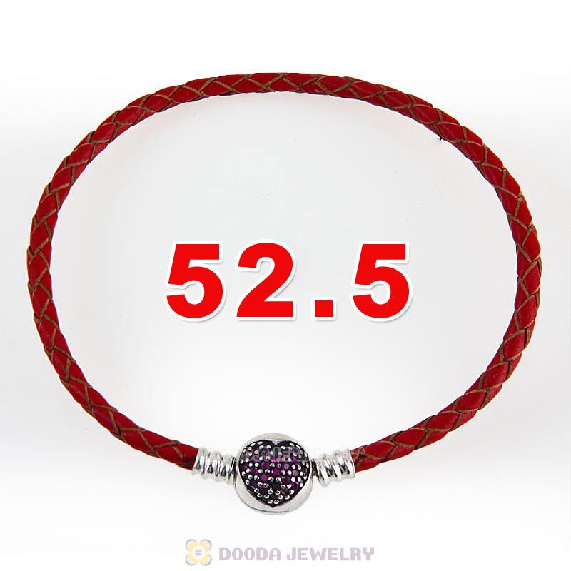 52.5cm Red Braided Leather Triple Bracelet Silver Love of My Life Clip with Heart Red CZ Stone