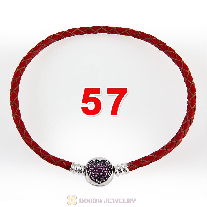 57cm Red Braided Leather Triple Bracelet Silver Love of My Life Clip with Heart Red CZ Stone
