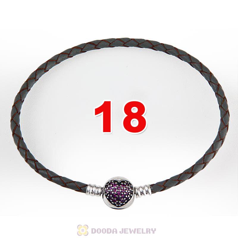 18cm Grey Braided Leather Bracelet 925 Silver Love of My Life Round Clip with Heart Red CZ Stone