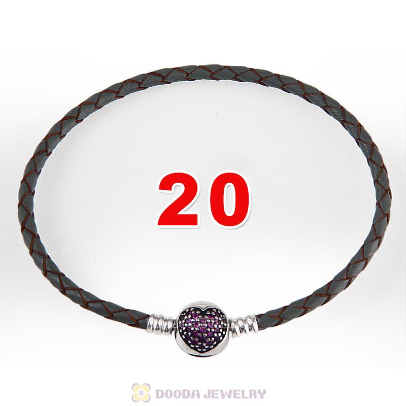 20cm Grey Braided Leather Bracelet 925 Silver Love of My Life Round Clip with Heart Red CZ Stone