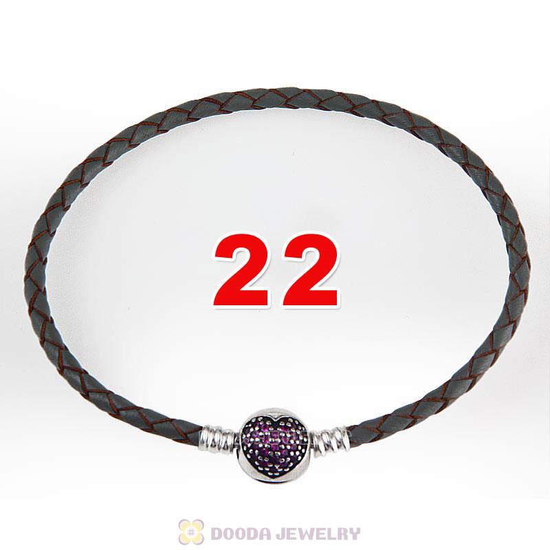 22cm Grey Braided Leather Bracelet 925 Silver Love of My Life Round Clip with Heart Red CZ Stone