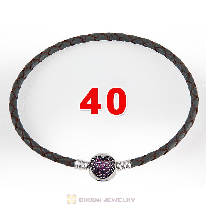 40cm Grey Braided Leather Double Bracelet Silver Love of My Life Clip with Heart Red CZ Stone