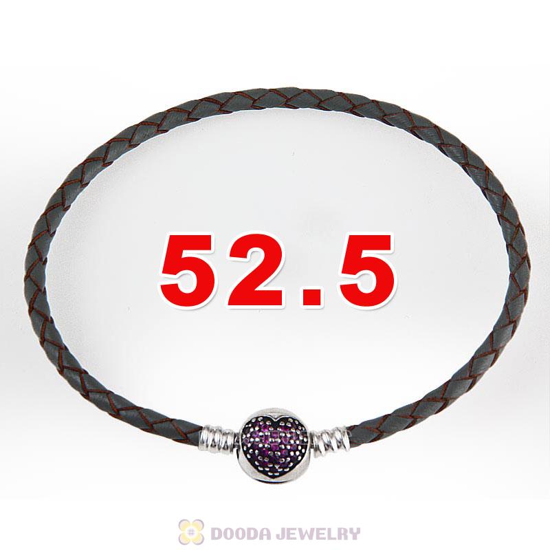52.5cm Grey Braided Leather Triple Bracelet Silver Love of My Life Clip with Heart Red CZ Stone