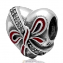 925 Sterling Silver Present with Red Bow Heart Charm Bead with Zircon Stone