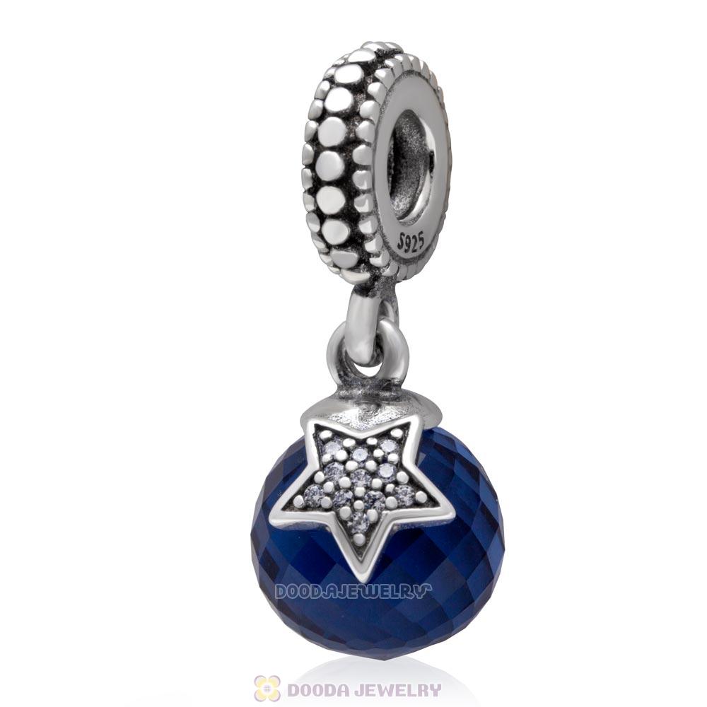 925 Sterling Silver Moon and Star with Midnight Blue and Clear CZ