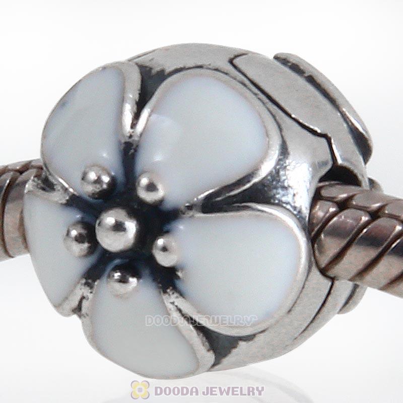 925 Sterling Silver European Cherry Blossom White Enamel Clip Beads 