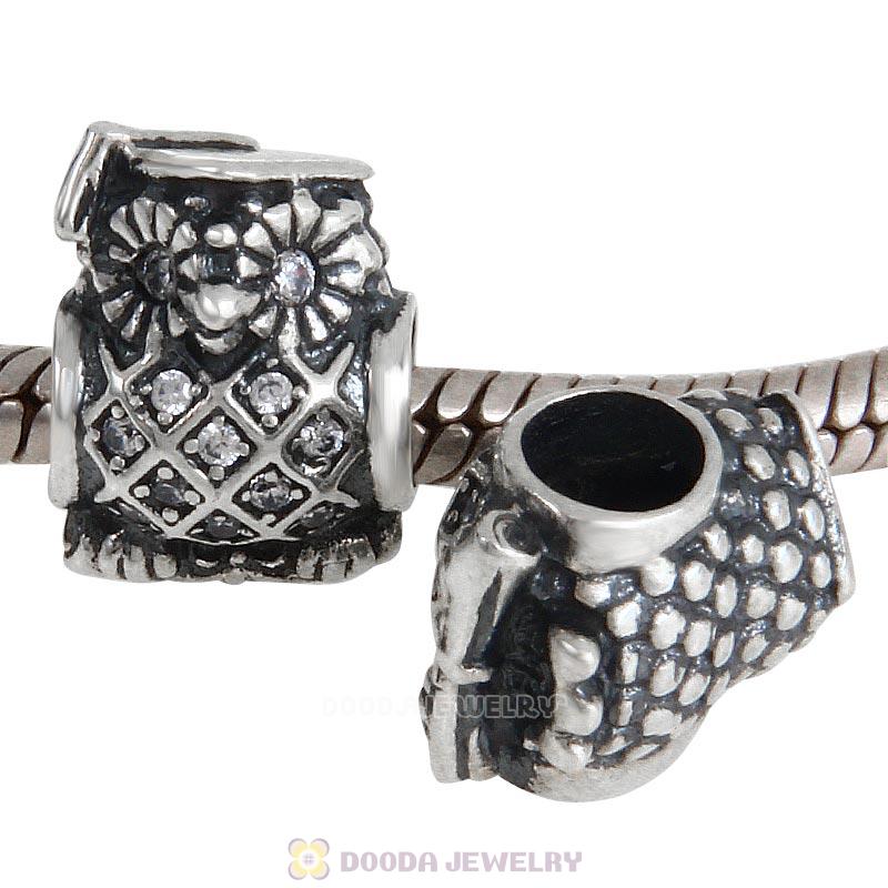 925 Sterling Silver Graduate Owl Charm Bead with Clear CZ