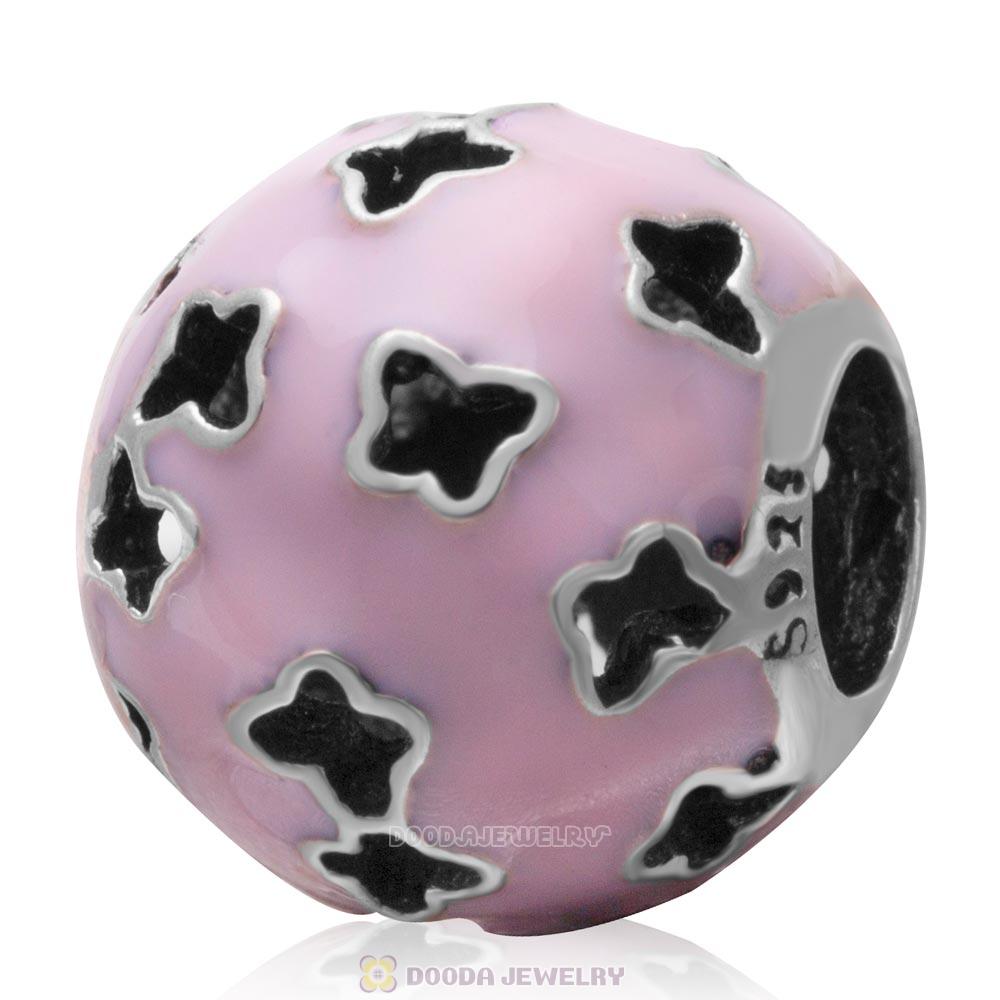 925 Sterling Silver Fluttering Butterflies Pink Enamel Charm Bead