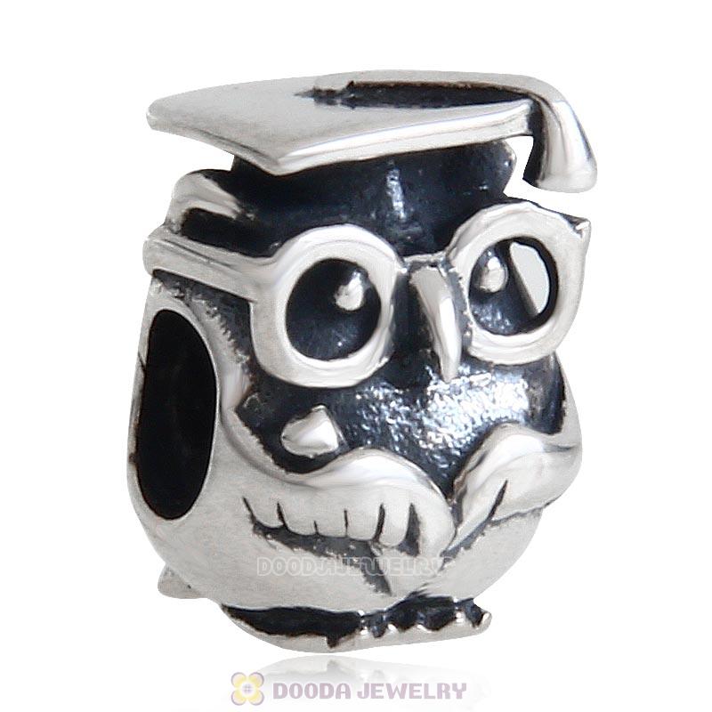 925 Antique Sterling Silver Charm Graduation Study Owl Bead