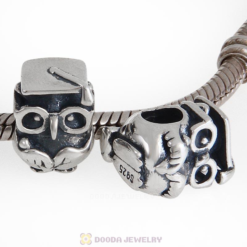 925 Antique Sterling Silver Charm Graduation Study Owl Bead
