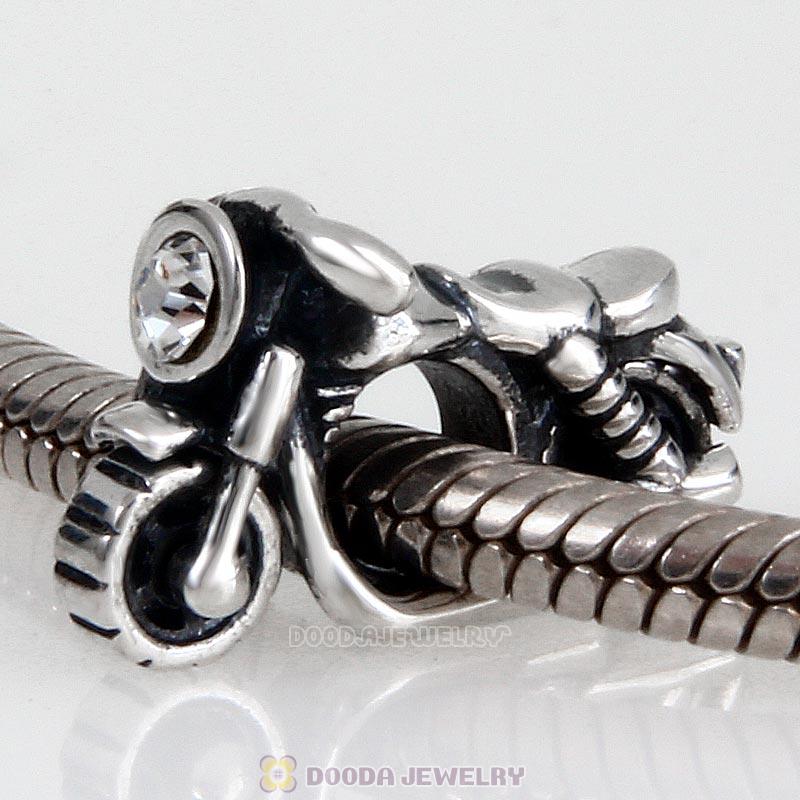 925 Sterling Silver Motorcycle Charm with Clear Austrian Crystal