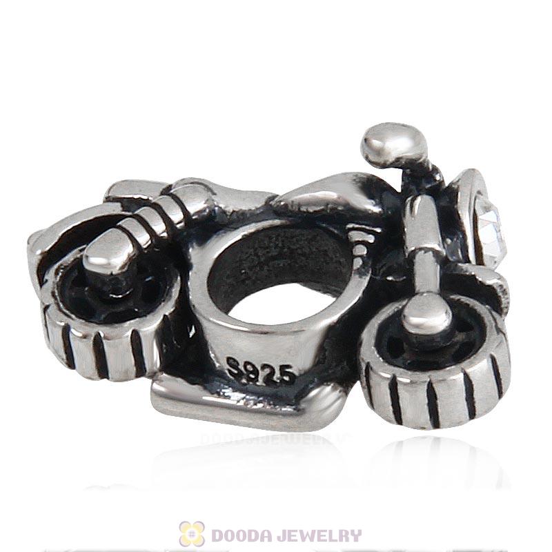 925 Sterling Silver Motorcycle Charm with Clear Austrian Crystal