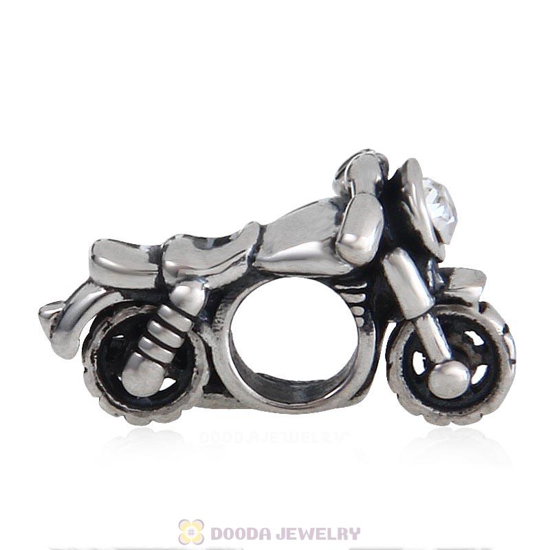 925 Sterling Silver Motorcycle Charm with Clear Austrian Crystal