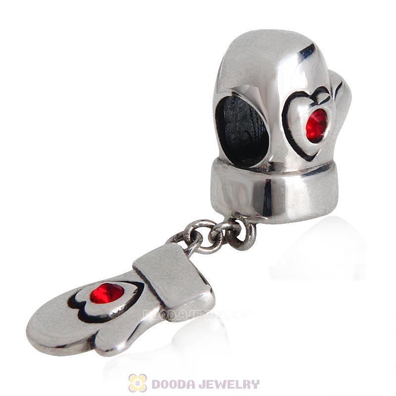 925 Sterling Silver Love Heart Gloves Charms with Lt Siam AustrianCrystal