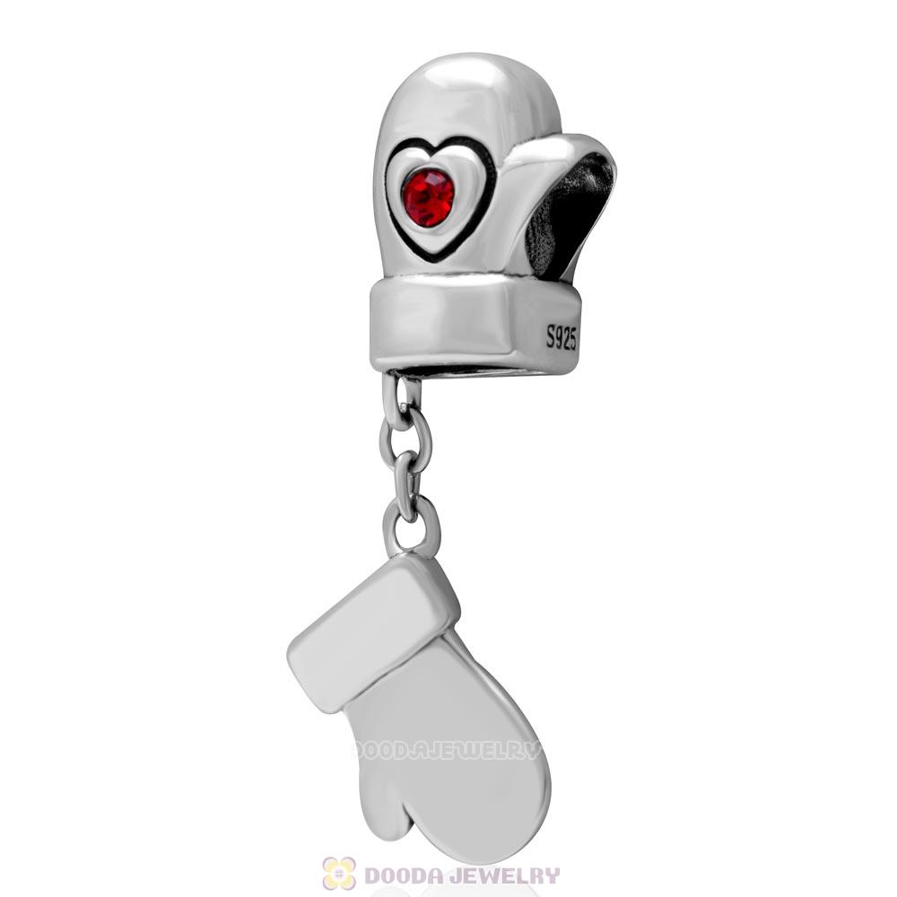 925 Sterling Silver Love Heart Gloves Charms with Lt Siam AustrianCrystal