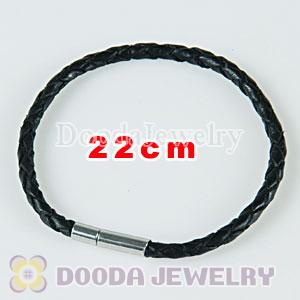 22cm black braided leather chain, silver plated needle clasp fit Charm Jewelry Bracelet