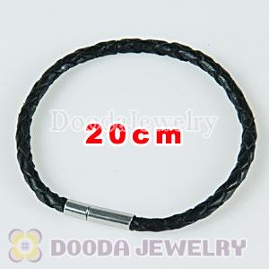 20cm black braided leather chain, silver plated needle clasp fit Charm Jewelry Bracelet