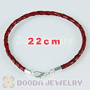 22cm red braided leather chain, silver plated lobster clasp fit Charm Jewelry Bracelet